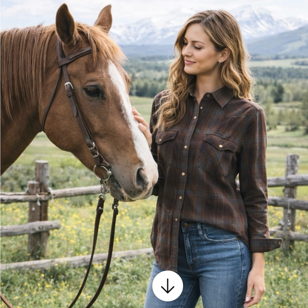 Ryan Michael Women’s Western Long Sleeve Shirt Cotton Brown Rust Plaid Size M